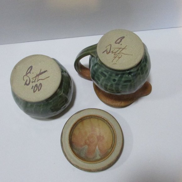 vtg green glazed pottery sugar bowl and creamer set nature tones boho table set - Picture 8 of 8